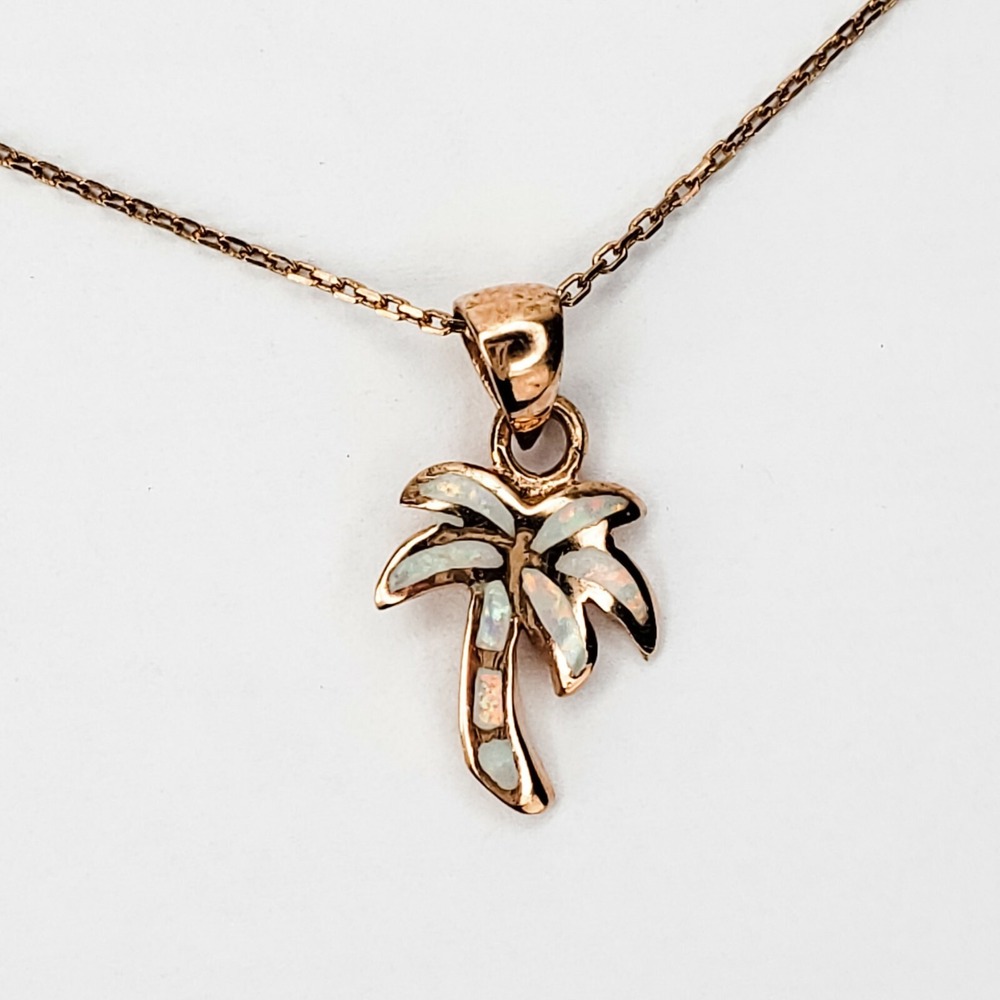 Vintage Palm Tree Necklace Rose Gold Vermeil Faux Opal Sterling Silver 925 - Picture 6 of 9